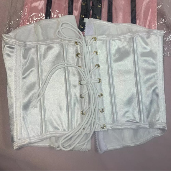 Women White Satin Underbust Corset 7 Til Midnight Zip up Lace up Waist Cincher M - Picture 7 of 9